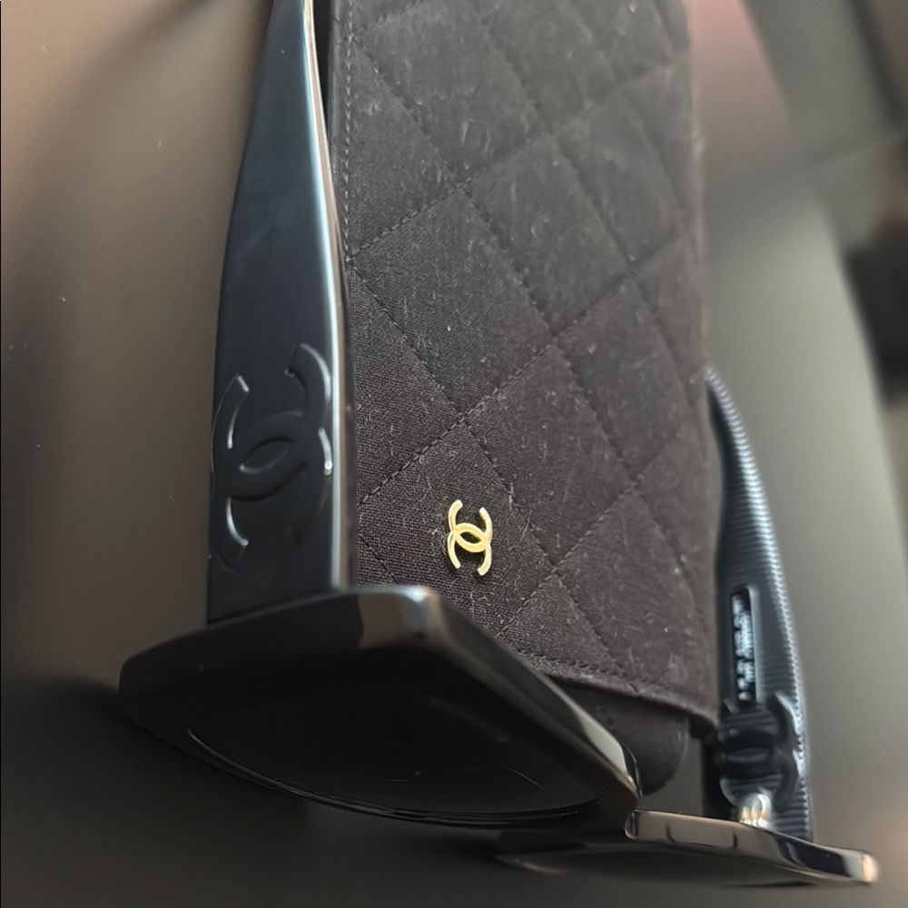 CHANEL Black Quilted Eyewear Case with Gold Logo